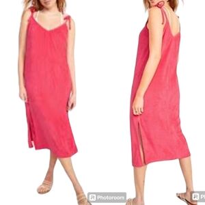 NWT OLD NAVY Size 4X Pink Terrycloth Shoulder-Tie Ruched Neck Midi Dress Coverup